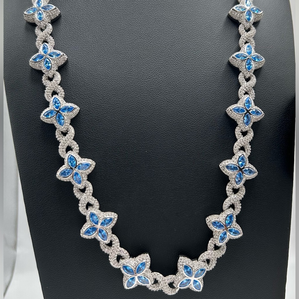Flower 4 Leaf Clover Iced Out Premium Quality Chains & Bracelet Silver Blue